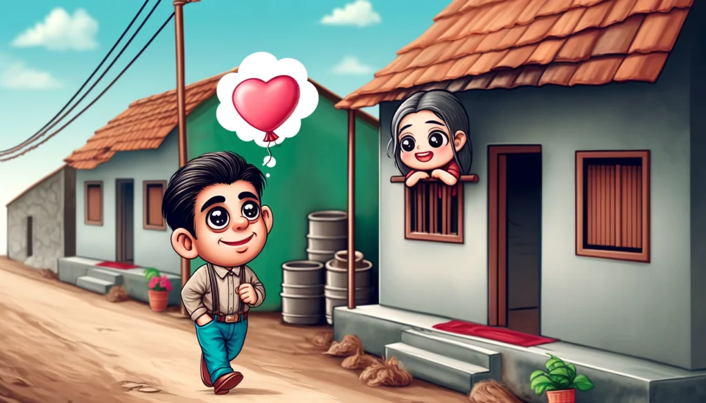 love-struck lover wandering in the street of his beloved's neighborhood, looking up with dreamy eyes while the beloved stands on the terrace, blushing. The scene captures the humorous and romantic essence perfectly.