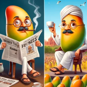 A mango with a human face, sipping tea and reading a newspaper with perplexed and amused expressions about mundane events.