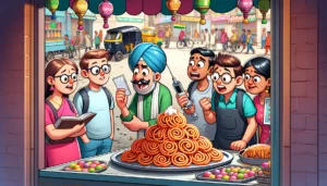 A group of friends at a traditional Indian sweet shop, with one friend explaining to a confused foreigner how jalebi is filled with syrup using an injection