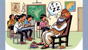 "A cartoon depicting an Indian rural Hindu teacher sleeping on a chair facing the classroom students. The teacher, referred to as 'Marsahab,' is dressed in traditional rural attire. A student is reading aloud from a history book while other students recite in chorus. The background includes typical classroom elements like a blackboard, maps, and desks."