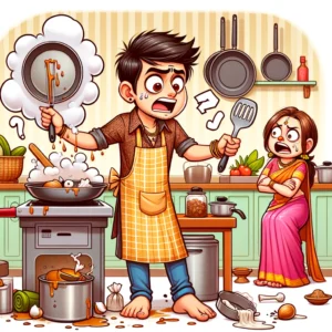 भारतीय पति-पत्नी के परिदृश्य को दर्शाता है। इस चित्र में पति रसोई में खाना बनाने की कोशिश कर रहा है और उसके चारों ओर अव्यवस्था फैली हुई है, जबकि पत्नी पास में खड़ी हंस रही है या परेशान दिख रही है। पति ने एक एप्रन पहन रखा है और रेसिपी बुक को उल्टा पकड़े हुए है, जिससे स्थिति और भी मजेदार बन जाती है।