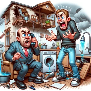 landlord and a tenant in a heated argument over various issues with the house. The exaggerated expressions and chaotic background elements highlight the comical situation perfectly.