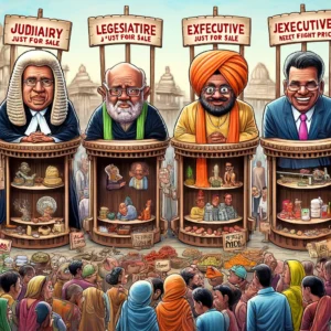 four pillars of Indian democracy—Judiciary, Legislature, Executive, and Journalism—as items for sale in an Indian market scene. Each pillar is humorously represented by individuals in roles pertinent to their sectors, all standing behind stalls marked 'For Sale'.