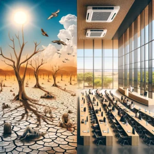 irony of discussing environmental issues in comfortable settings while outside, the harsh realities of environmental degradation are evident. You can view and analyze the image to see how the two scenes are juxtaposed against each other, highlighting the disparity between them.